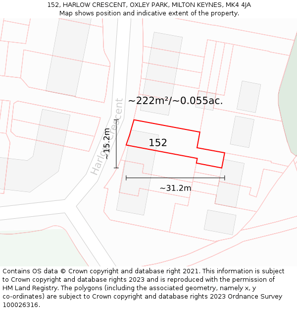 152, HARLOW CRESCENT, OXLEY PARK, MILTON KEYNES, MK4 4JA: Plot and title map