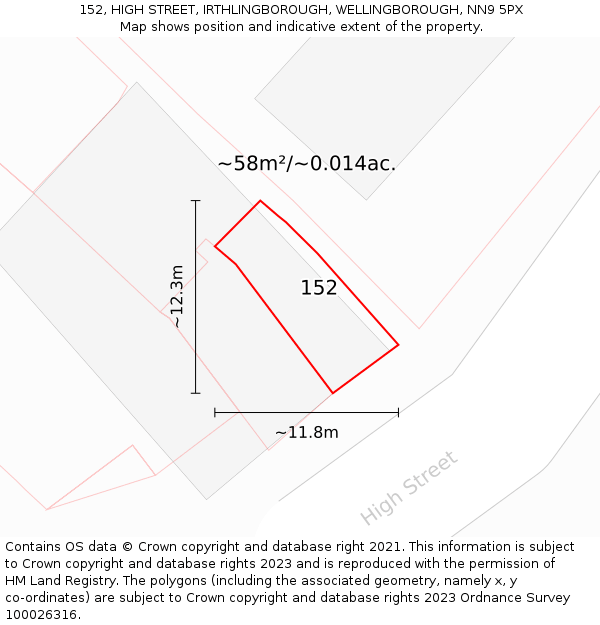 152, HIGH STREET, IRTHLINGBOROUGH, WELLINGBOROUGH, NN9 5PX: Plot and title map