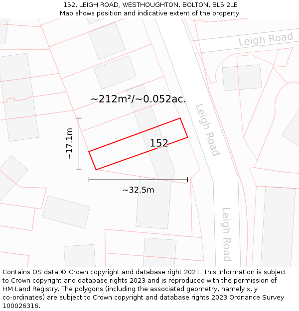 152, LEIGH ROAD, WESTHOUGHTON, BOLTON, BL5 2LE: Plot and title map