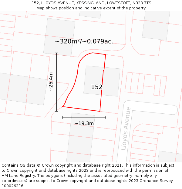 152, LLOYDS AVENUE, KESSINGLAND, LOWESTOFT, NR33 7TS: Plot and title map