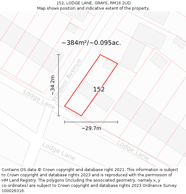 152, LODGE LANE, GRAYS, RM16 2UD: Plot and title map