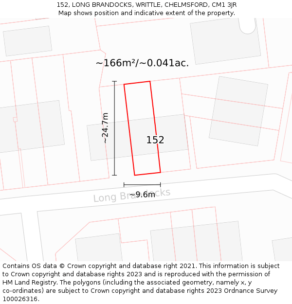152, LONG BRANDOCKS, WRITTLE, CHELMSFORD, CM1 3JR: Plot and title map