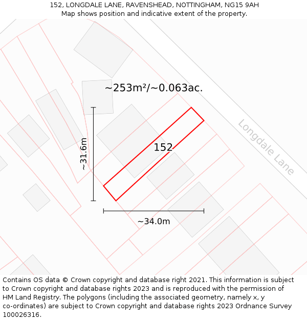 152, LONGDALE LANE, RAVENSHEAD, NOTTINGHAM, NG15 9AH: Plot and title map