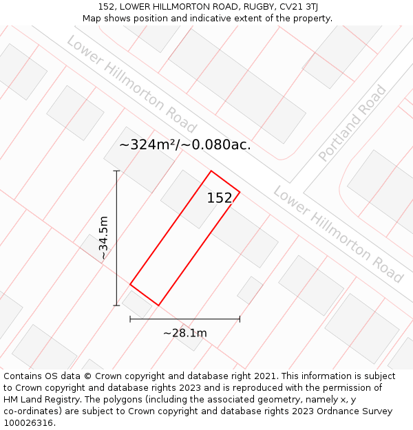 152, LOWER HILLMORTON ROAD, RUGBY, CV21 3TJ: Plot and title map