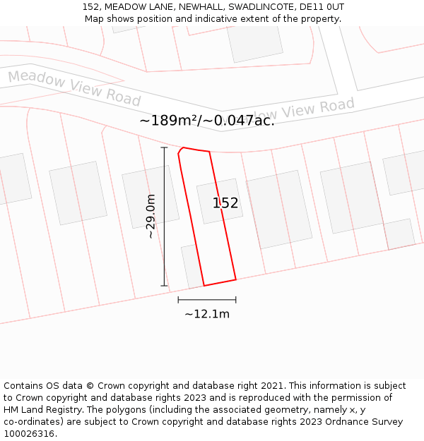 152, MEADOW LANE, NEWHALL, SWADLINCOTE, DE11 0UT: Plot and title map