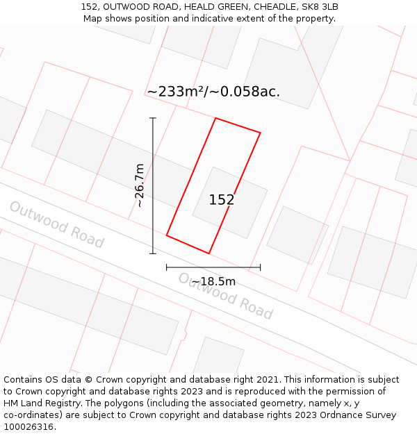 152, OUTWOOD ROAD, HEALD GREEN, CHEADLE, SK8 3LB: Plot and title map