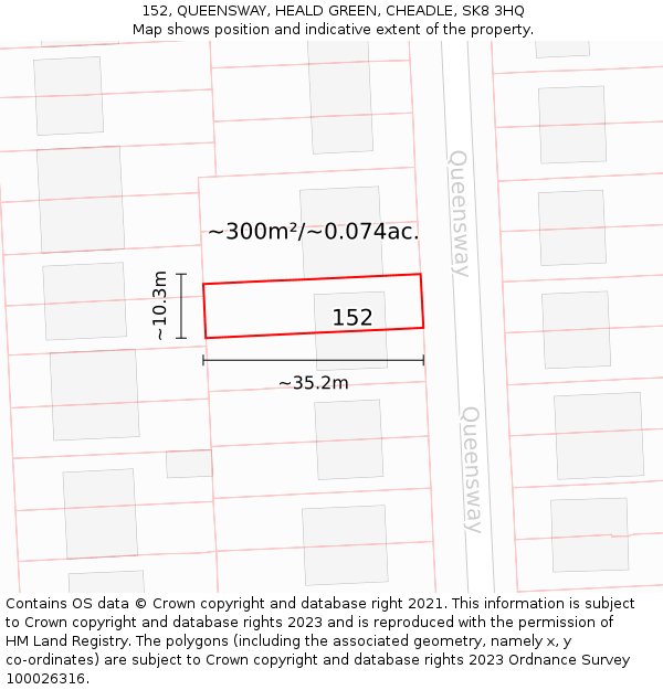 152, QUEENSWAY, HEALD GREEN, CHEADLE, SK8 3HQ: Plot and title map