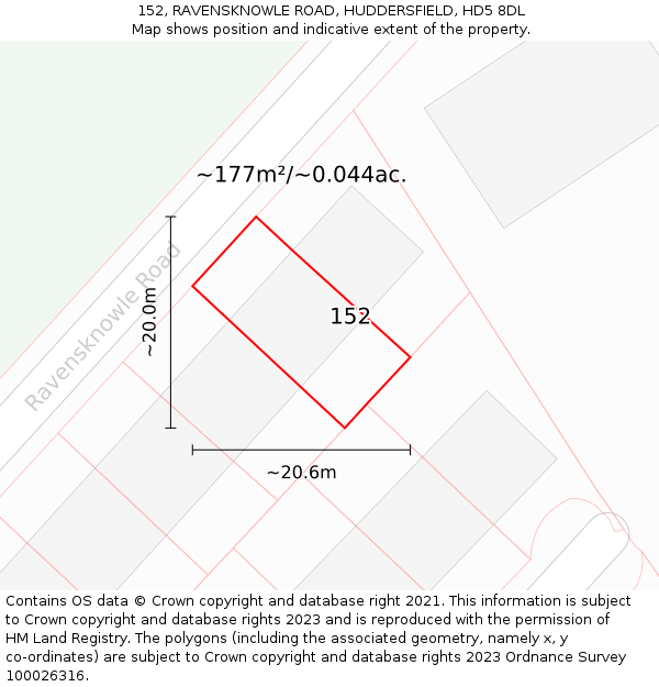 152, RAVENSKNOWLE ROAD, HUDDERSFIELD, HD5 8DL: Plot and title map