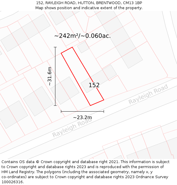 152, RAYLEIGH ROAD, HUTTON, BRENTWOOD, CM13 1BP: Plot and title map