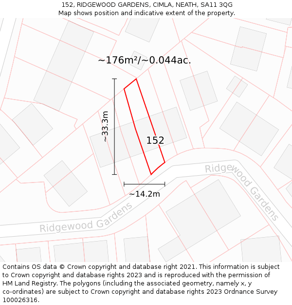 152, RIDGEWOOD GARDENS, CIMLA, NEATH, SA11 3QG: Plot and title map