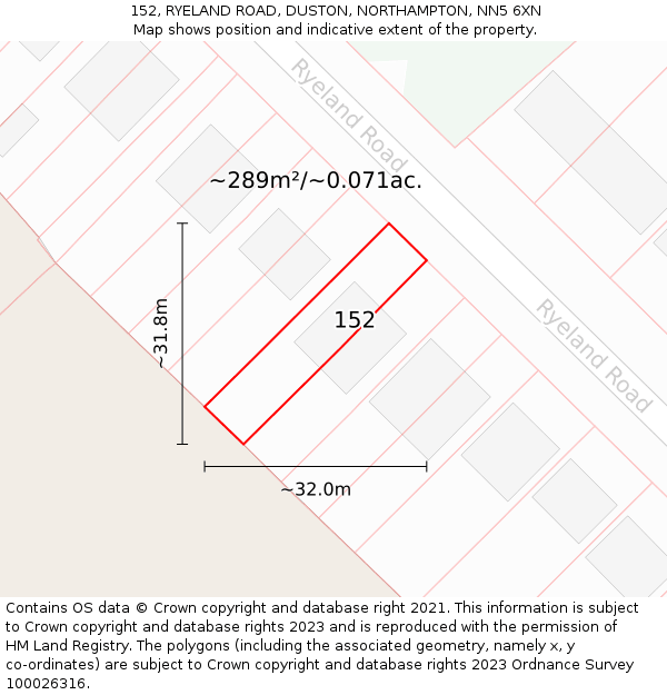152, RYELAND ROAD, DUSTON, NORTHAMPTON, NN5 6XN: Plot and title map