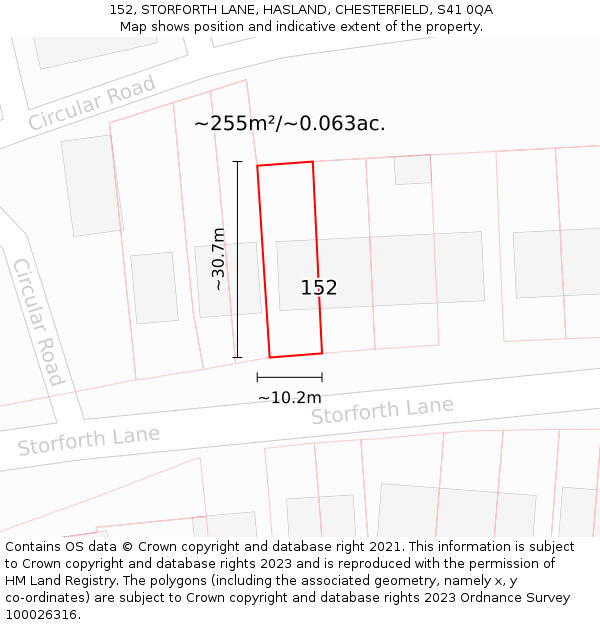 152, STORFORTH LANE, HASLAND, CHESTERFIELD, S41 0QA: Plot and title map