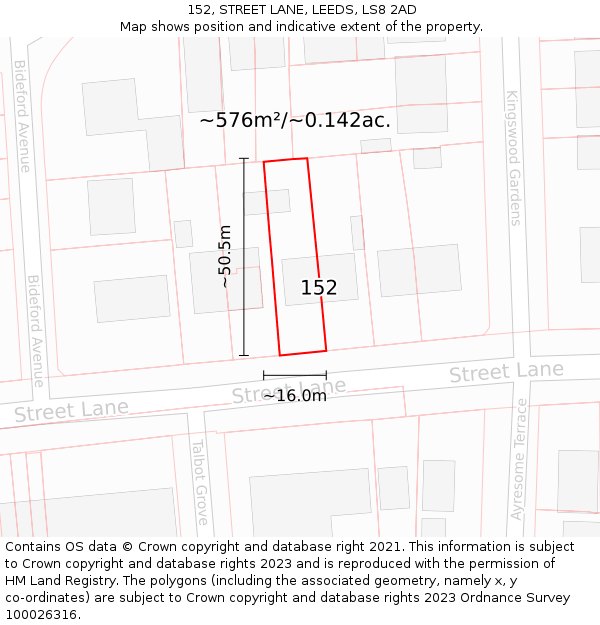 152, STREET LANE, LEEDS, LS8 2AD: Plot and title map