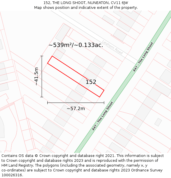 152, THE LONG SHOOT, NUNEATON, CV11 6JW: Plot and title map