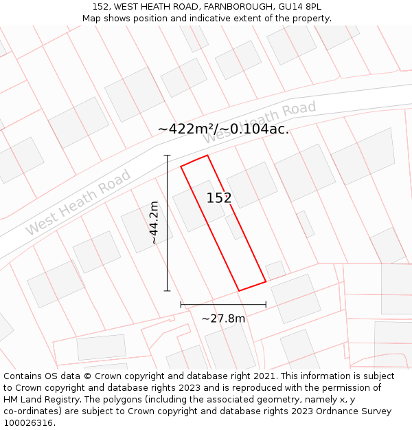 152, WEST HEATH ROAD, FARNBOROUGH, GU14 8PL: Plot and title map