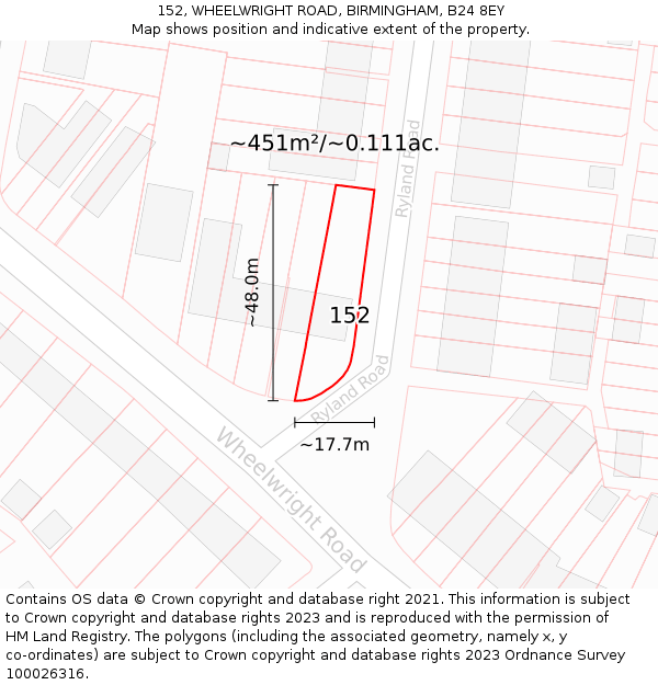 152, WHEELWRIGHT ROAD, BIRMINGHAM, B24 8EY: Plot and title map