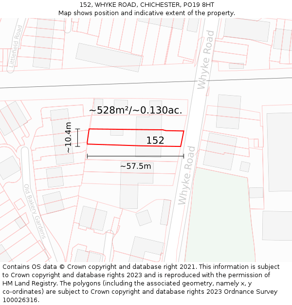 152, WHYKE ROAD, CHICHESTER, PO19 8HT: Plot and title map