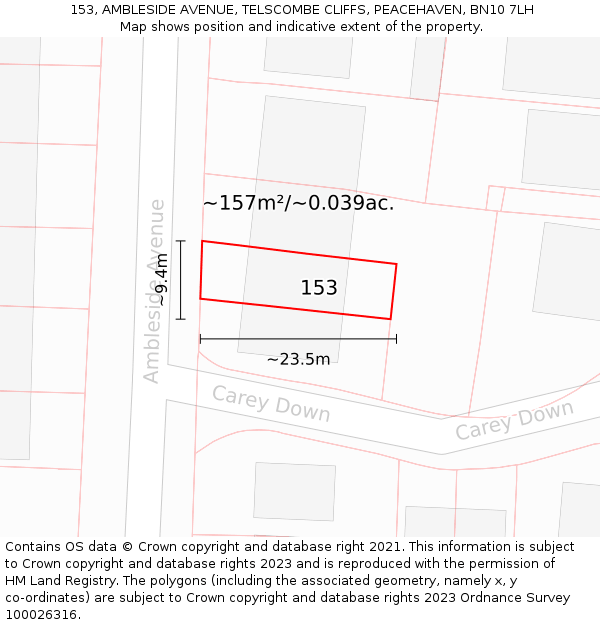 153, AMBLESIDE AVENUE, TELSCOMBE CLIFFS, PEACEHAVEN, BN10 7LH: Plot and title map