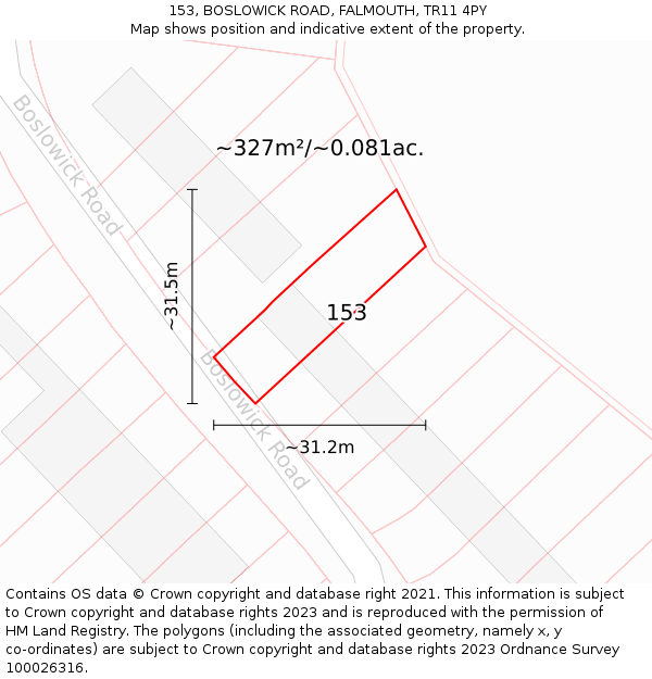 153, BOSLOWICK ROAD, FALMOUTH, TR11 4PY: Plot and title map