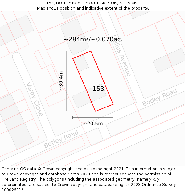 153, BOTLEY ROAD, SOUTHAMPTON, SO19 0NP: Plot and title map