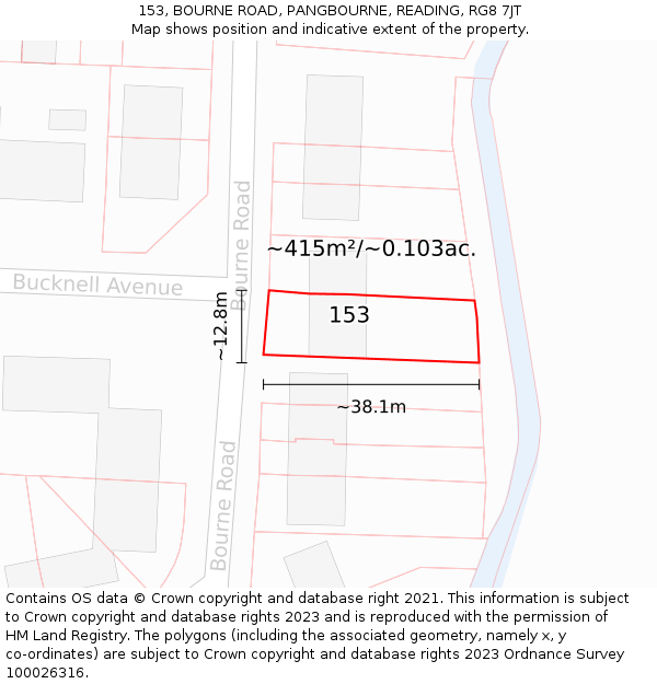 153, BOURNE ROAD, PANGBOURNE, READING, RG8 7JT: Plot and title map