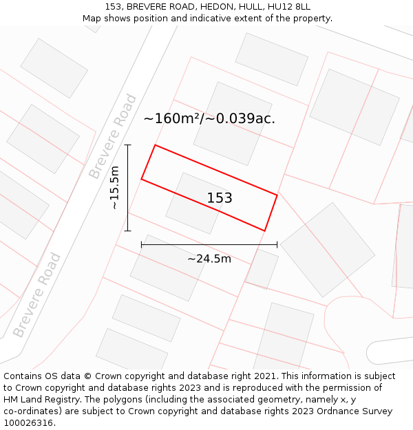 153, BREVERE ROAD, HEDON, HULL, HU12 8LL: Plot and title map