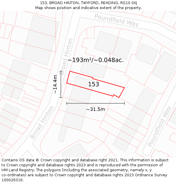 153, BROAD HINTON, TWYFORD, READING, RG10 0XJ: Plot and title map