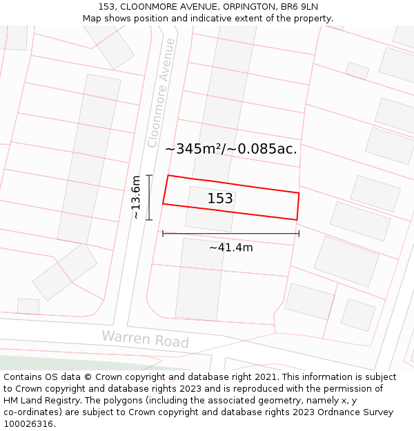 153, CLOONMORE AVENUE, ORPINGTON, BR6 9LN: Plot and title map