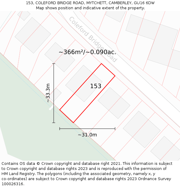 153, COLEFORD BRIDGE ROAD, MYTCHETT, CAMBERLEY, GU16 6DW: Plot and title map