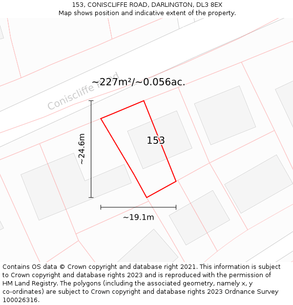 153, CONISCLIFFE ROAD, DARLINGTON, DL3 8EX: Plot and title map