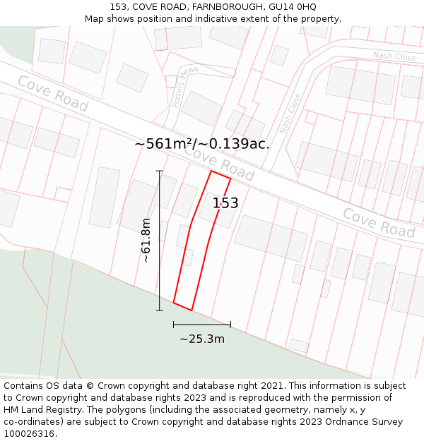 153, COVE ROAD, FARNBOROUGH, GU14 0HQ: Plot and title map