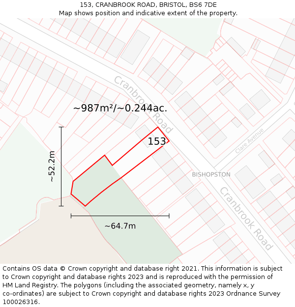 153, CRANBROOK ROAD, BRISTOL, BS6 7DE: Plot and title map