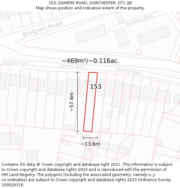 153, DAMERS ROAD, DORCHESTER, DT1 2JP: Plot and title map