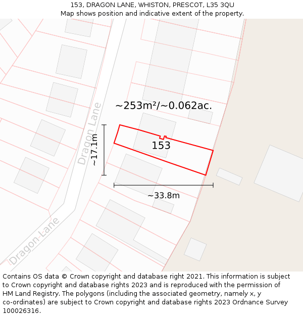 153, DRAGON LANE, WHISTON, PRESCOT, L35 3QU: Plot and title map