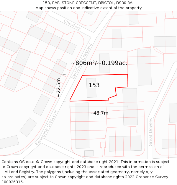 153, EARLSTONE CRESCENT, BRISTOL, BS30 8AH: Plot and title map