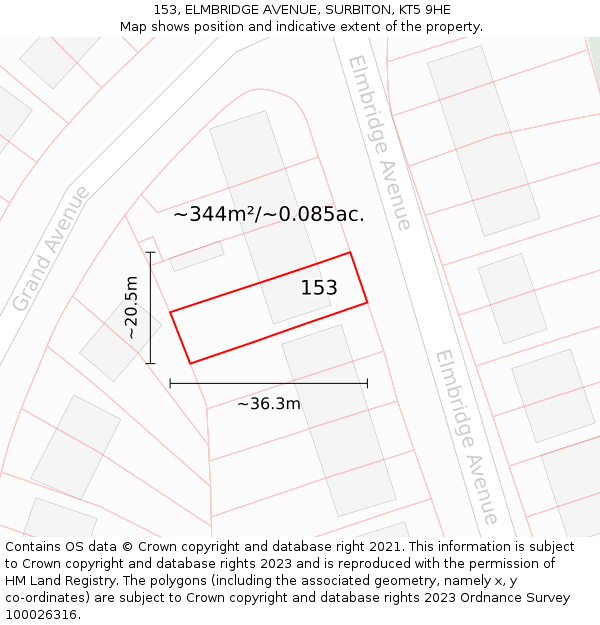 153, ELMBRIDGE AVENUE, SURBITON, KT5 9HE: Plot and title map