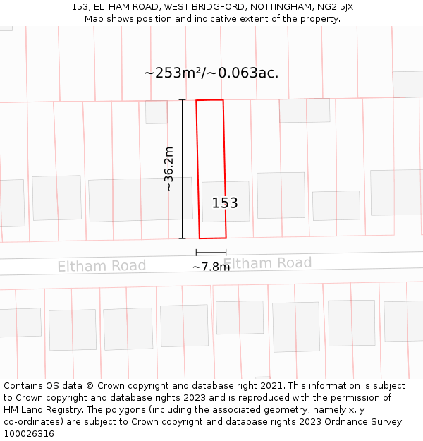 153, ELTHAM ROAD, WEST BRIDGFORD, NOTTINGHAM, NG2 5JX: Plot and title map