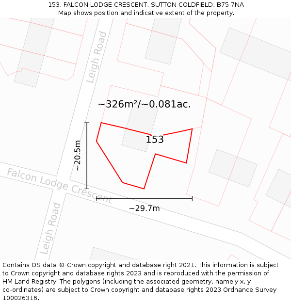 153, FALCON LODGE CRESCENT, SUTTON COLDFIELD, B75 7NA: Plot and title map