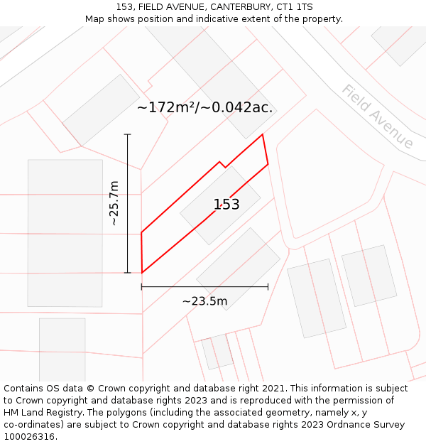 153, FIELD AVENUE, CANTERBURY, CT1 1TS: Plot and title map