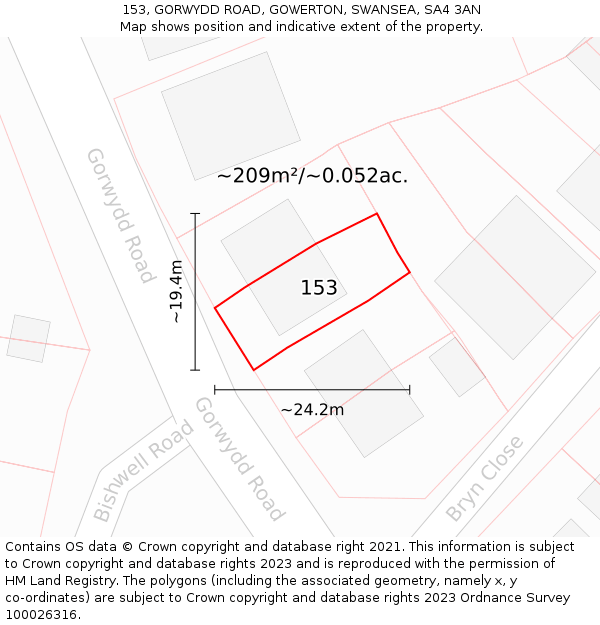 153, GORWYDD ROAD, GOWERTON, SWANSEA, SA4 3AN: Plot and title map