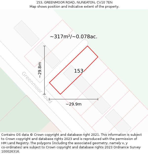 153, GREENMOOR ROAD, NUNEATON, CV10 7EN: Plot and title map