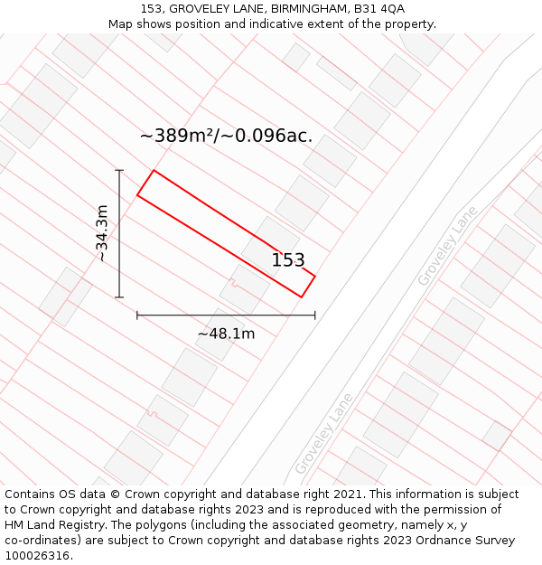 153, GROVELEY LANE, BIRMINGHAM, B31 4QA: Plot and title map