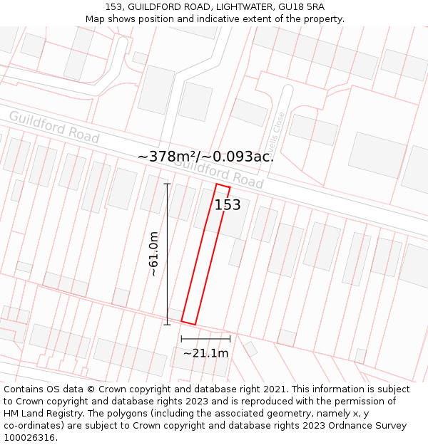 153, GUILDFORD ROAD, LIGHTWATER, GU18 5RA: Plot and title map