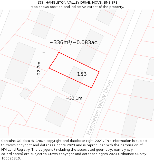 153, HANGLETON VALLEY DRIVE, HOVE, BN3 8FE: Plot and title map