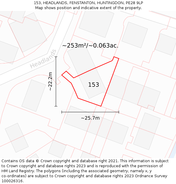 153, HEADLANDS, FENSTANTON, HUNTINGDON, PE28 9LP: Plot and title map