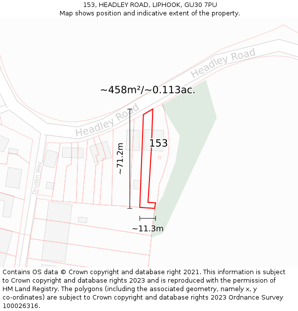 153, HEADLEY ROAD, LIPHOOK, GU30 7PU: Plot and title map