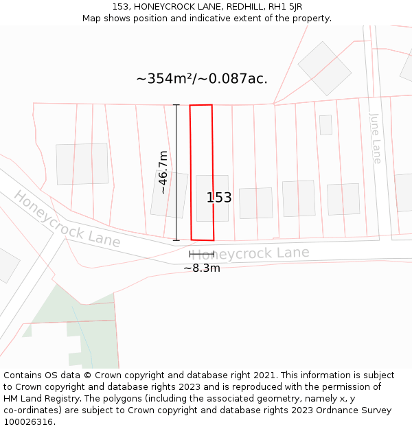 153, HONEYCROCK LANE, REDHILL, RH1 5JR: Plot and title map