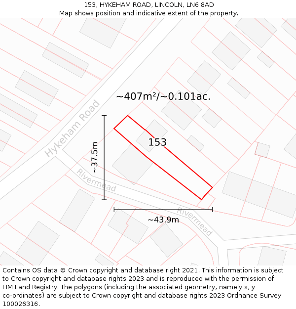 153, HYKEHAM ROAD, LINCOLN, LN6 8AD: Plot and title map