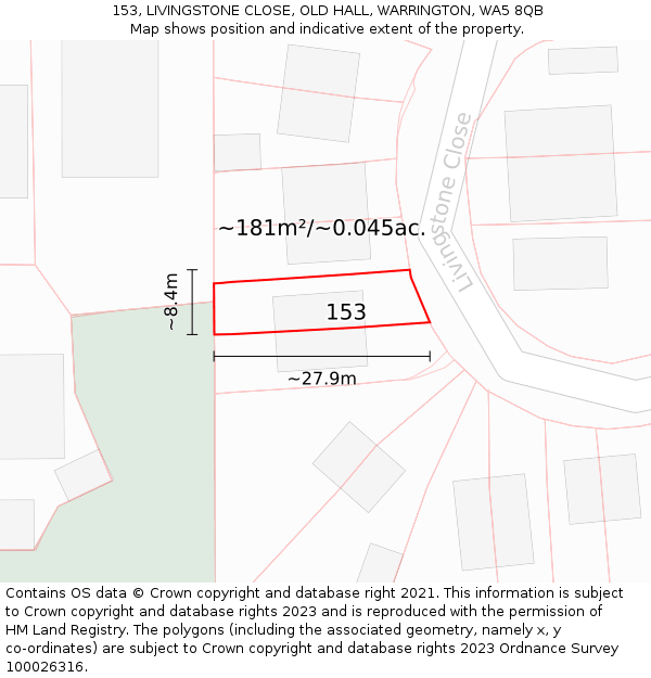 153, LIVINGSTONE CLOSE, OLD HALL, WARRINGTON, WA5 8QB: Plot and title map