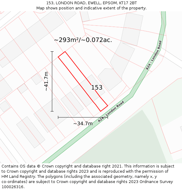 153, LONDON ROAD, EWELL, EPSOM, KT17 2BT: Plot and title map